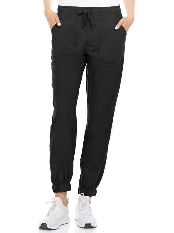 Scrubs Mid-Rise 4-Way Stretch Medical Scrub Joggers Pants with Four Pockets, Black, M