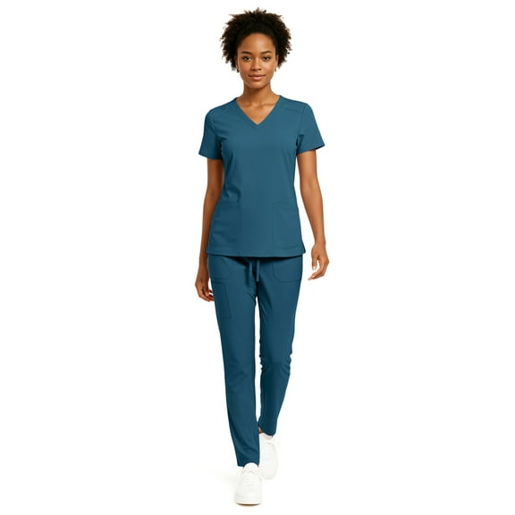 Hey Collection Women’s 5-Pocket Anti-Wrinkle Medical Scrub Set – V-Neck Top & Straight Leg Pants, Comfortable Flexible Nursing Uniforms