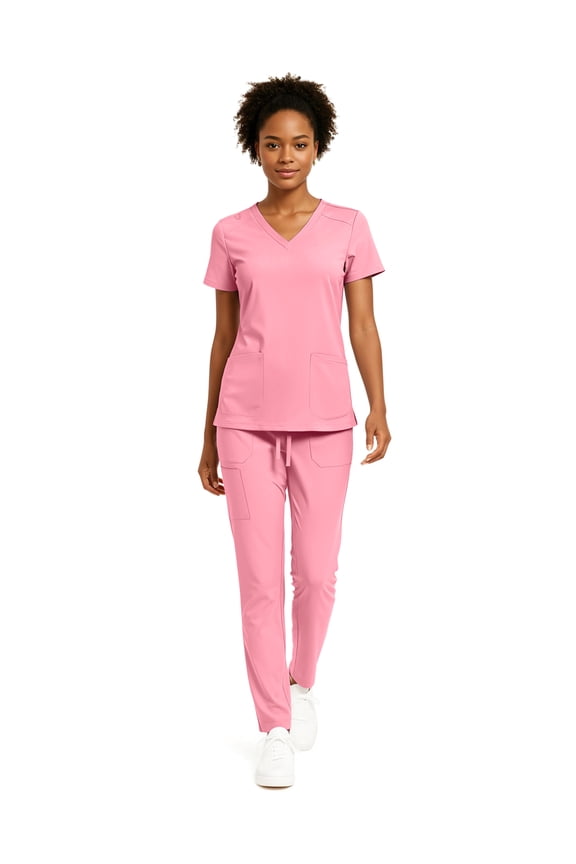 Women’s 5-Pocket Anti-Wrinkle Medical Scrub Set – V-Neck Top & Straight Leg Pants, Comfortable Flexible Nursing Uniforms
