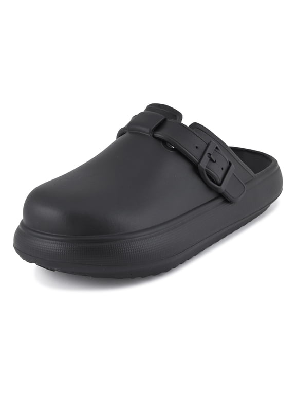 Women’s EVA Platform Clogs – Lightweight Water-Resistant Comfort Mules with Adjustable Buckle Strap – Slip-On Supportive Garden & Work Shoes, Black