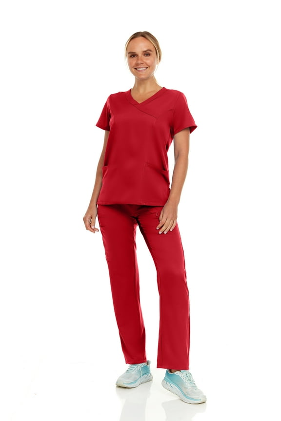 Womens Stretch Colorful Cargo Mock Neck Scrubs Set, Medical Nursing Tops with Four Pocket Scrubs Straight Leg Pants