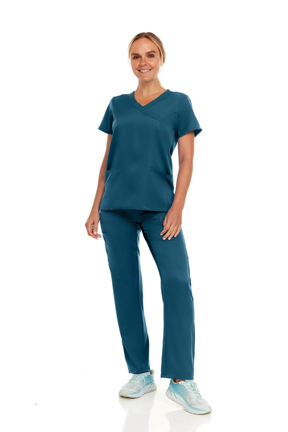 Womens Stretch Colorful Cargo Mock Neck Scrubs Set, Medical Nursing Tops with Four Pocket Scrubs Straight Leg Pants