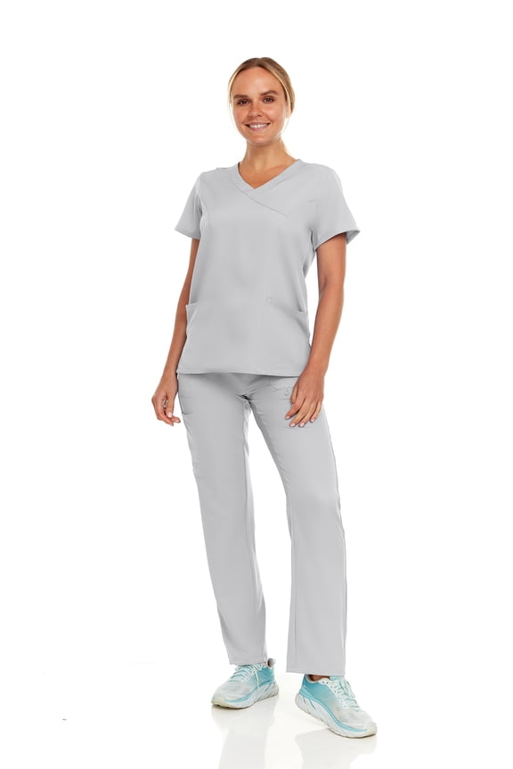 Womens Stretch Colorful Cargo Mock Neck Scrubs Set, Medical Nursing Tops with Four Pocket Scrubs Straight Leg Pants