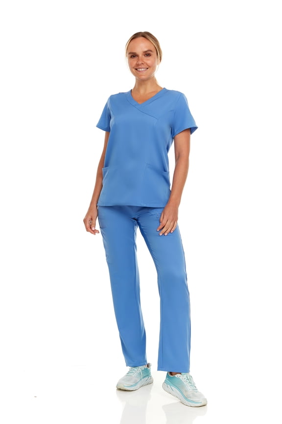 Womens Stretch Colorful Cargo Mock Neck Scrubs Set, Medical Nursing Tops with Four Pocket Scrubs Straight Leg Pants