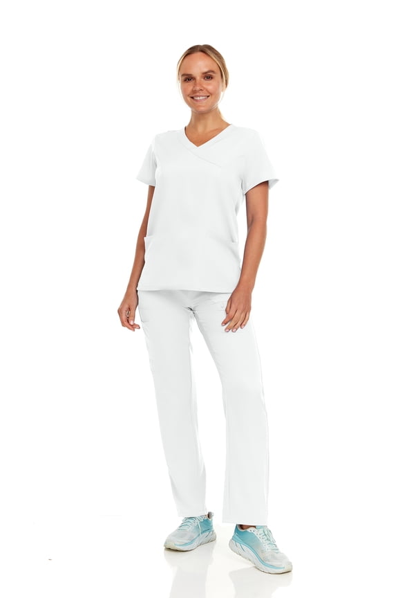 Womens Stretch Colorful Cargo Mock Neck Scrubs Set, Medical Nursing Tops with Four Pocket Scrubs Straight Leg Pants