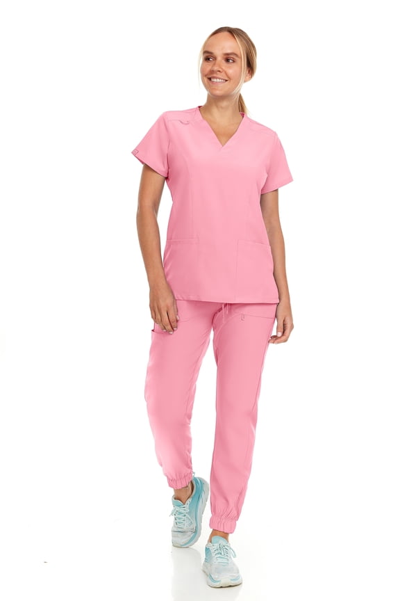 Womens Stretch Colorful V-Neck Jogger Scrubs Set, Medical Nursing Tops with Four Pocket Scrubs Jogger Pants