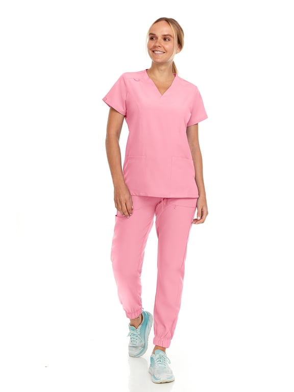 Scrubs Women's Stretch Colorful V-Neck Jogger Scrubs Set, Flex Fabric Medical Nursing Tops with Four Pocket Jogger Pants, Anti-Wrinkle, Odor-Control