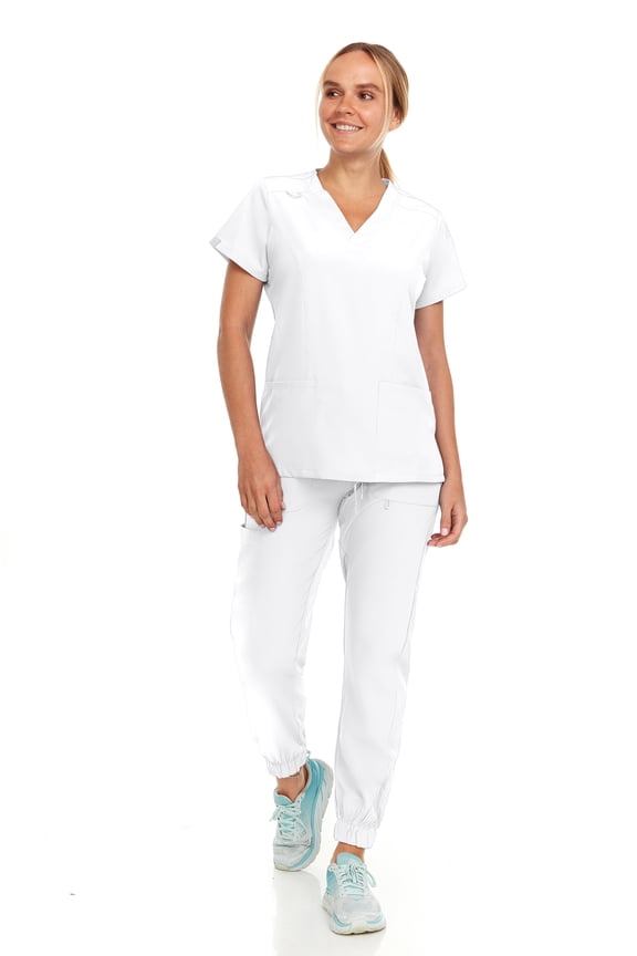 Womens Stretch Colorful V-Neck Jogger Scrubs Set, Medical Nursing Tops with Four Pocket Scrubs Jogger Pants