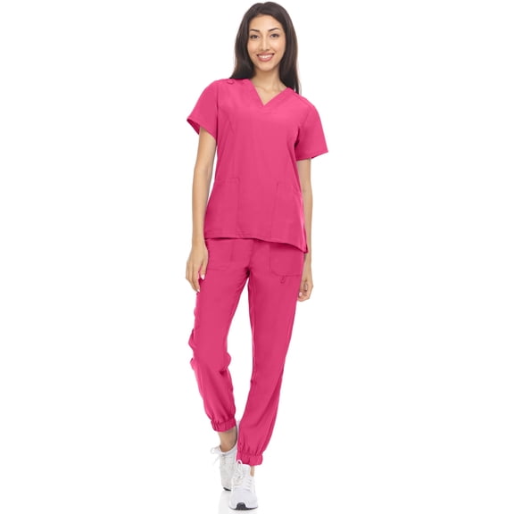 Hey Collection Womens Stretch Colorful V-Neck Jogger Scrubs Set, Medical Nursing Tops with Four Pocket Scrubs Jogger Pants