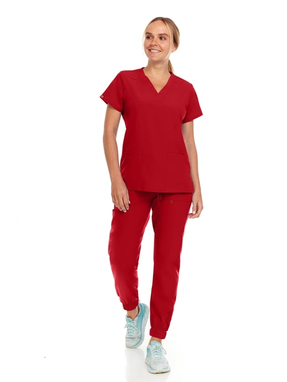 Womens Stretch Colorful V-Neck Jogger Scrubs Set, Medical Nursing Tops with Four Pocket Scrubs Jogger Pants