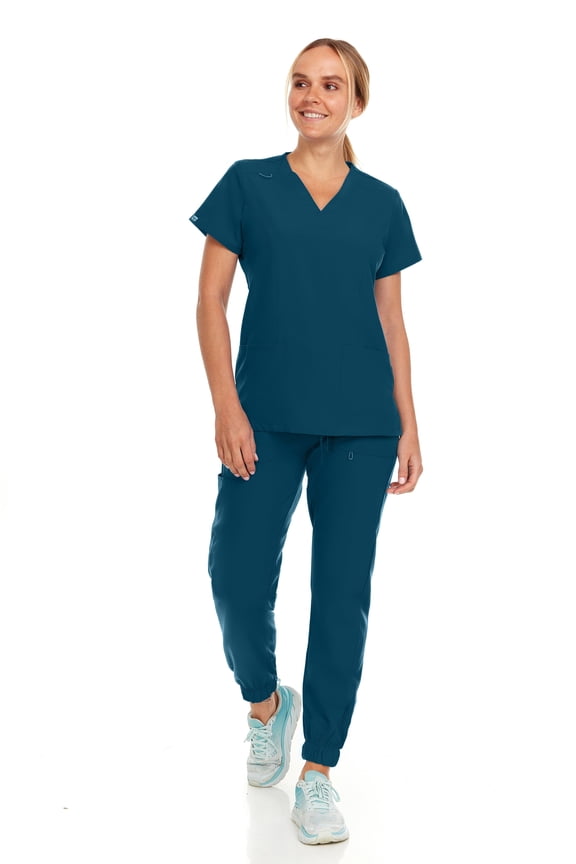 Womens Stretch Colorful V-Neck Jogger Scrubs Set, Medical Nursing Tops with Four Pocket Scrubs Jogger Pants