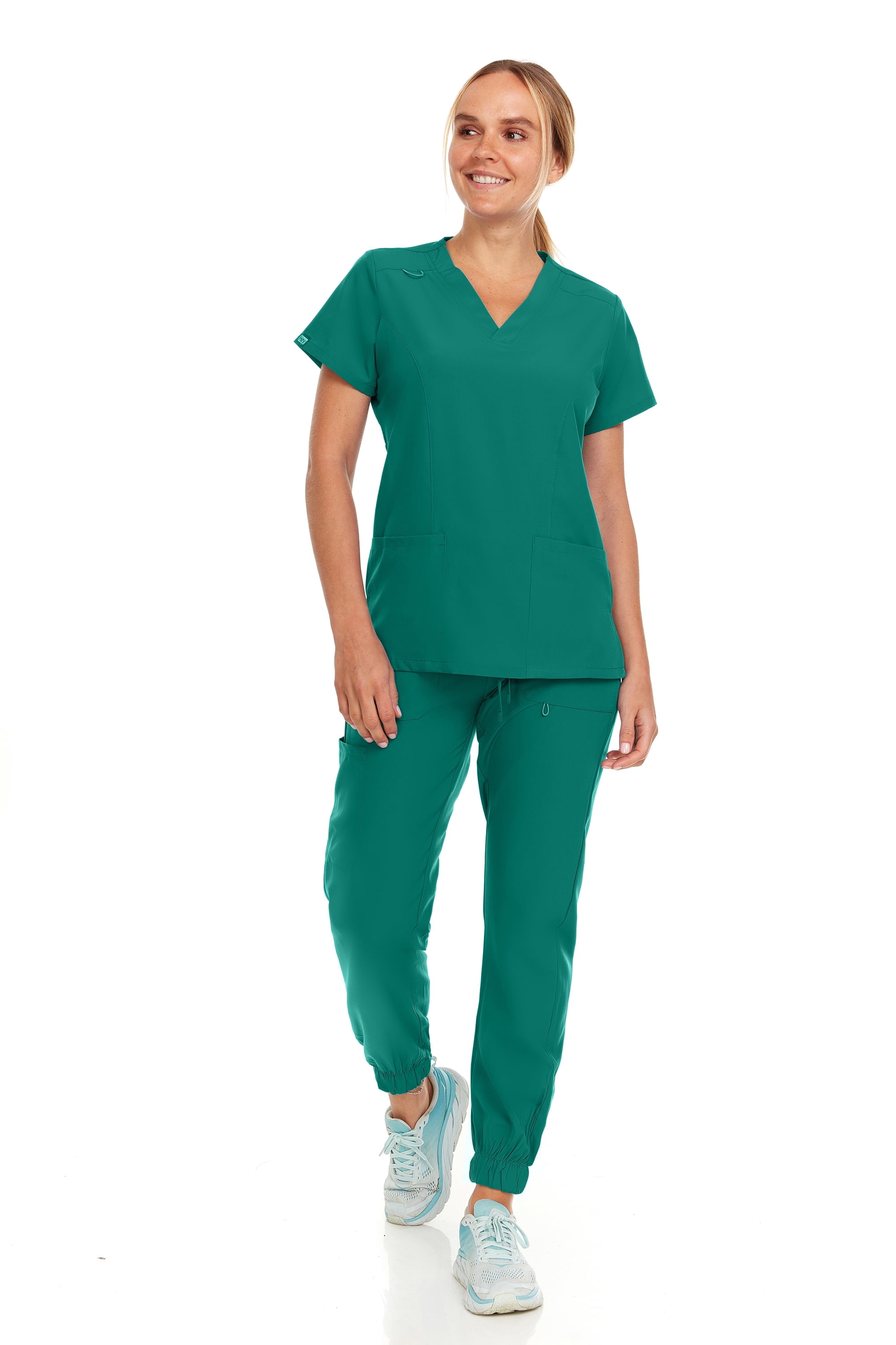 Womens Stretch Colorful V-Neck Jogger Scrubs Set, Medical Nursing Tops with Four Pocket Scrubs Jogger Pants