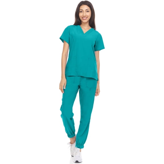 Hey Collection Womens Stretch Colorful V-Neck Jogger Scrubs Set, Medical Nursing Tops with Four Pocket Scrubs Jogger Pants