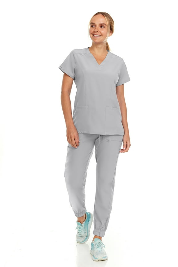 Womens Stretch Colorful V-Neck Jogger Scrubs Set, Medical Nursing Tops with Four Pocket Scrubs Jogger Pants