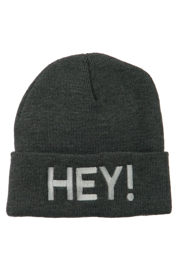 Hey Embroidered Long Cuff Beanie - Grey OSFM