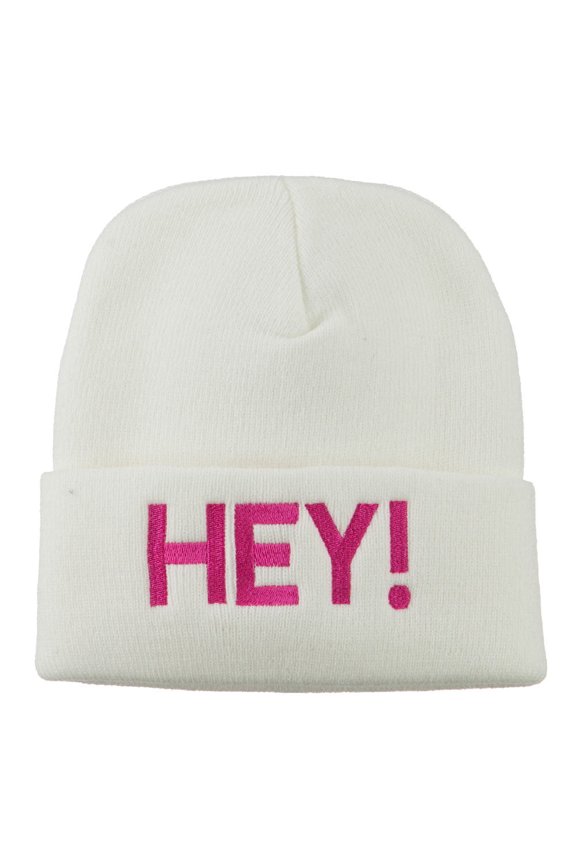 Hey Embroidered Long Cuff Beanie - White OSFM