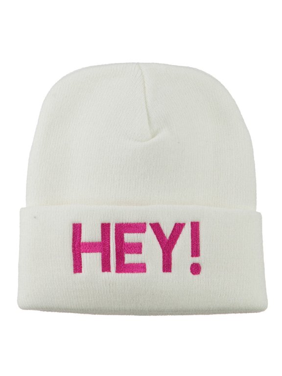 Hey Embroidered Long Cuff Beanie - White OSFM