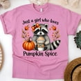 thumbnail image 1 of Graphic T-Shirt Just a Girl Who Loves Pumpkin Spice Raccoon Latte Print for Women, Azalea, Size L, 1 of 6