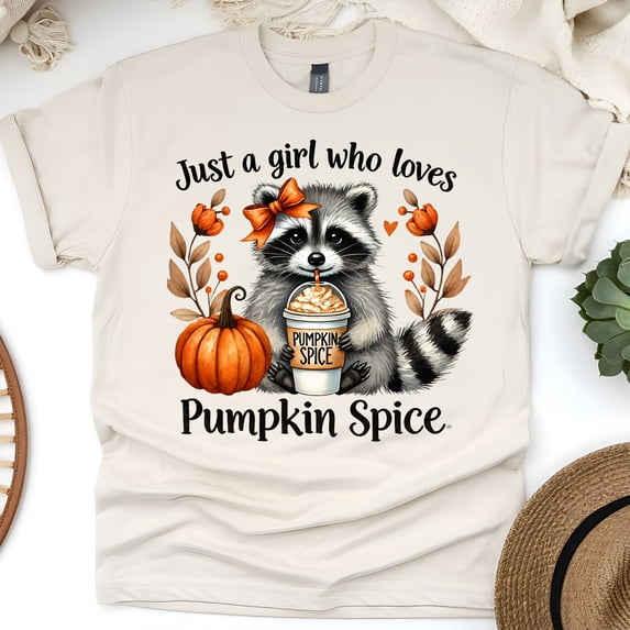 Graphic T-Shirt Just a Girl Who Loves Pumpkin Spice Raccoon Latte Print for Women, Natural, Size M