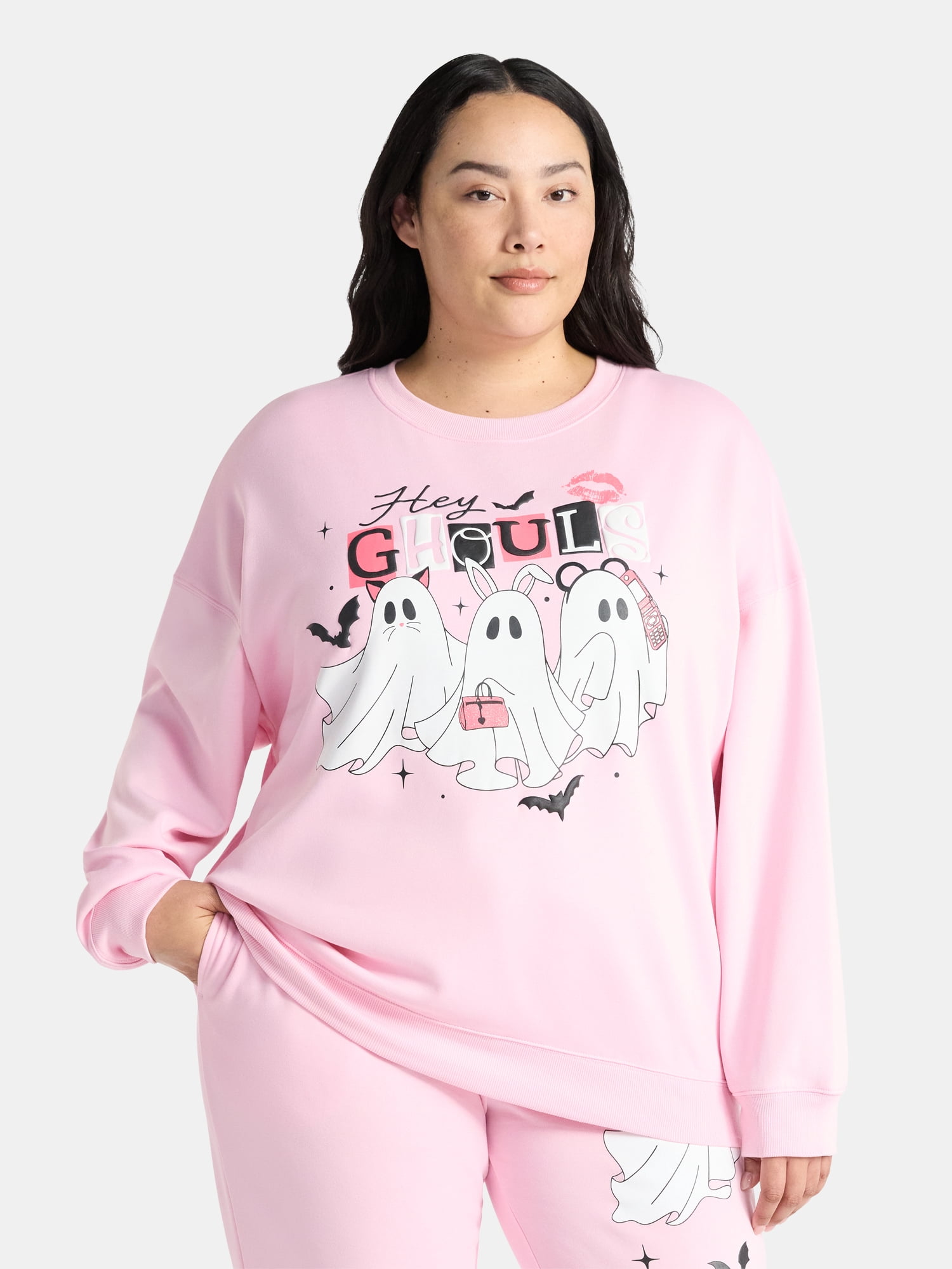 Hey Ghouls Women's Plus Halloween Graphic Sweatshirt with Long Sleeves, Sizes 1X-4X