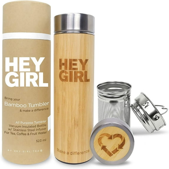 Hey Girl Bamboo Tea Infuser Tumbler with Tea Strainer - Insulated Stainless Steel Water Bottle for Loose Leaf Tea, Coffee or Fruit Infusion - Tea Thermos Tumbler 18oz