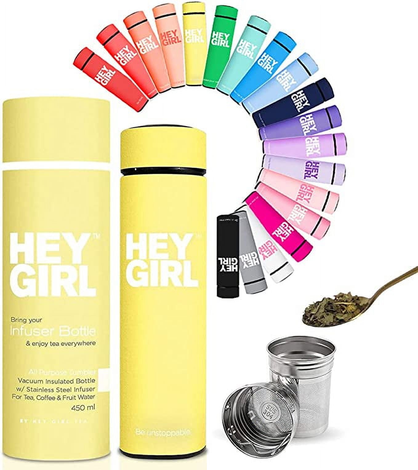 Hey Girl Tea Infuser Bottle 450ml (15oz) - Reusable Yellow Water Bottle - Double-Walled, Vacuum Insulated Stainless Steel Tumbler - Metal Mug for Sports, Gym, Office, Hiking  or Home Use