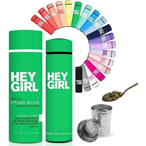 Hey Girl Tea Infuser Bottle 450ml - Insulated Stainless Steel Water Bottle (Lucky Green)