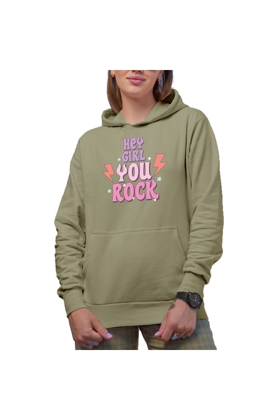 Hey Girl, You Rock, Retro Art Merch Gift, Sand Hooded Sweatshirt or Hoodie, XL