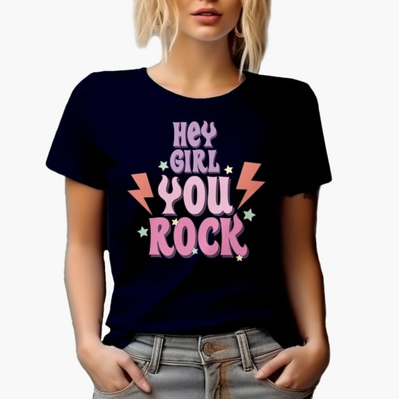 Hey Girl, You Rock, Retro Art Merch, Navy Blue T-Shirt, Large