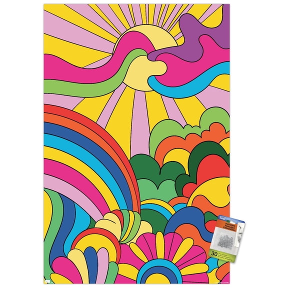 Hey Happy - Psychedelic Landscape Wall Poster with Push Pins, 22.375" x 34"