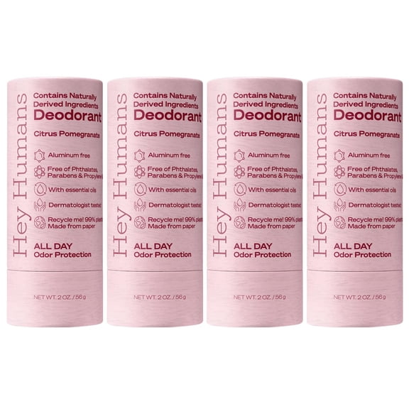 Hey Humans Deodorant Stick, Aluminum Free Deodorant for Women and Men, Citrus Pomegranate, 2 oz, 4-Pack
