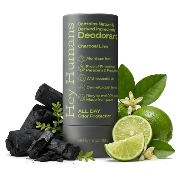 Hey Humans Deodorant Stick, Aluminum Free Deodorant for Women and Men, Charcoal Lime, 2 oz