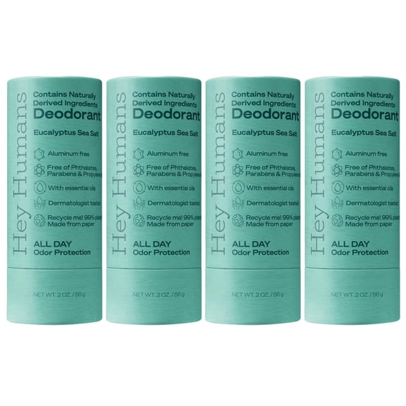 Hey Humans Deodorant Stick, Aluminum Free Deodorant for Women and Men, Eucalyptus Sea Salt, 2 oz, 4-Pack