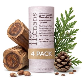 Hey Humans Deodorant Stick, Aluminum Free Deodorant for Women and Men, Sandalwood Cypress, 2 oz, 4-Pack