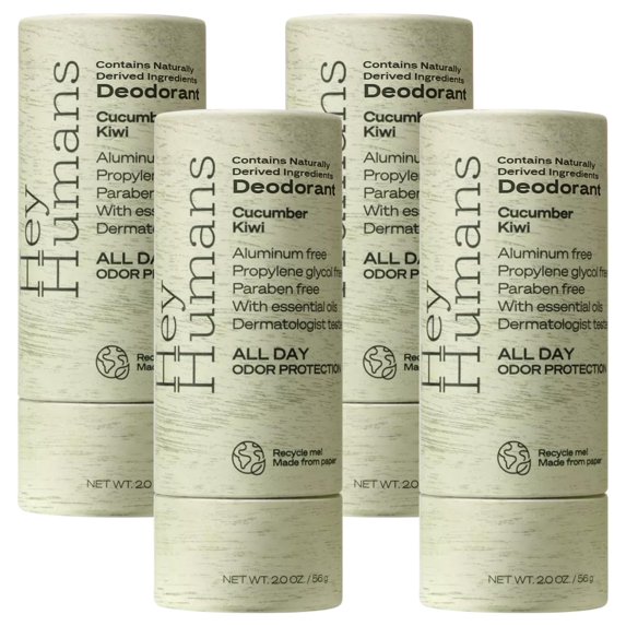 Hey Humans Deodorant, Aluminum Free for Women and Men, Cucumber Kiwi Naturally Derived Ingredients, All Day Odor Control with Essential Oils Pack of 4
