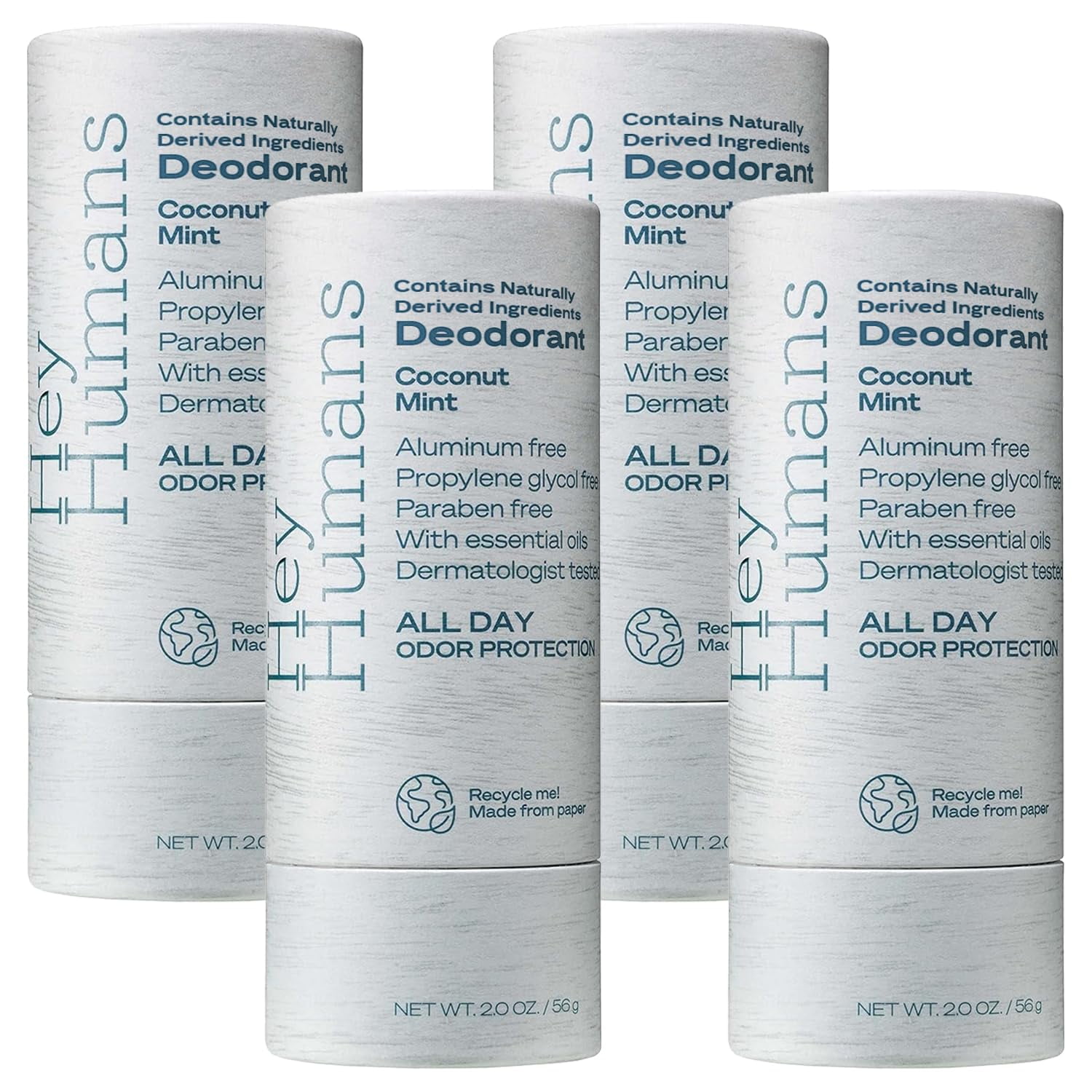 Hey Humans Deodorant, Aluminum Free Deodorant for Women and Men, Contains Naturally Derived Ingredients, Refreshing, All Day Odor Control with Essential Oils Pack of 4