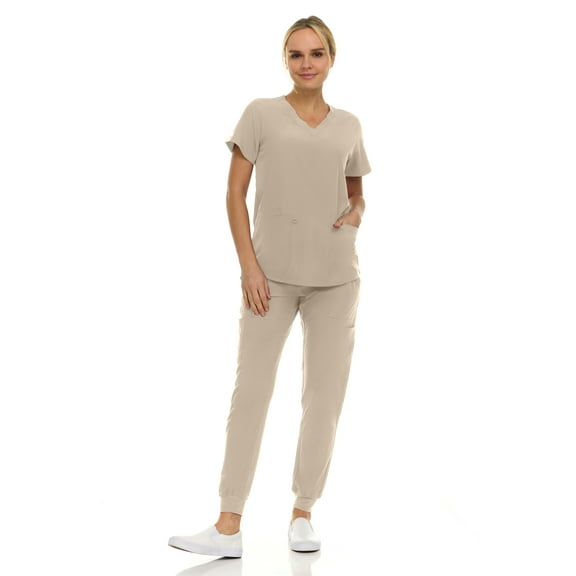 Hey Medical Scrubs Set- 9 Pocket Knit V-Neck Top with Knit Joggers Scrub Pants
