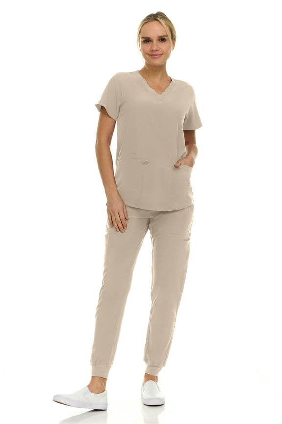 Hey Medical Scrubs Set- 9 Pocket Knit V-Neck Top with Knit Joggers Scrub Pants
