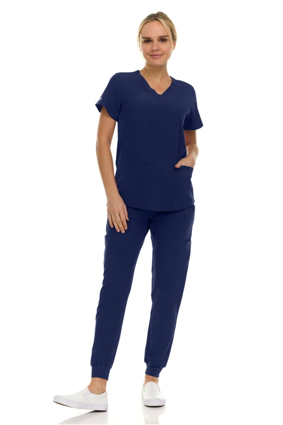 Hey Medical Scrubs Set- 9 Pocket Knit V-Neck Top with Knit Joggers Scrub Pants
