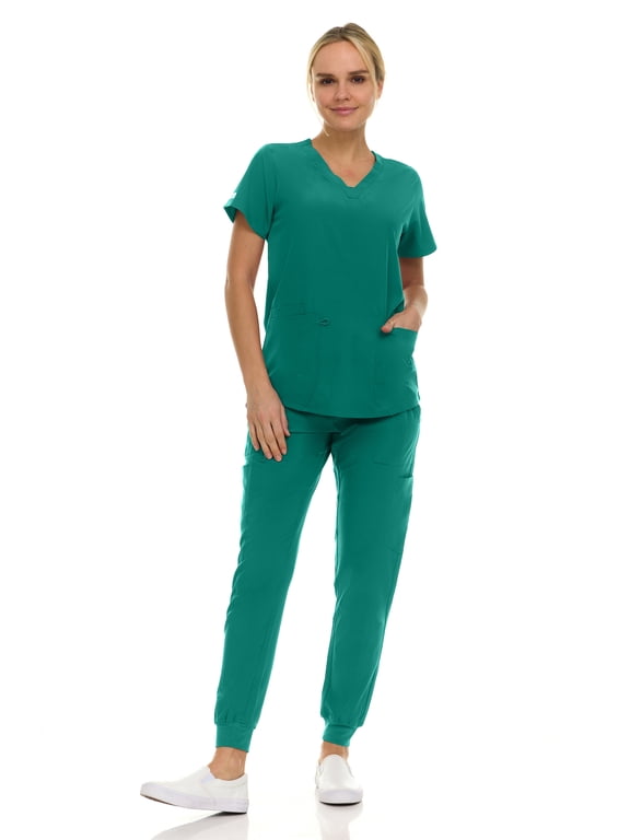 Hey Medical Scrubs Set- 9 Pocket Knit V-Neck Top with Knit Joggers Scrub Pants