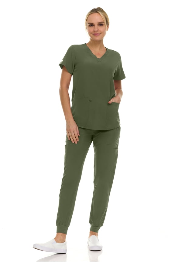 Hey Medical Scrubs Set- 9 Pocket Knit V-Neck Top with Knit Joggers Scrub Pants