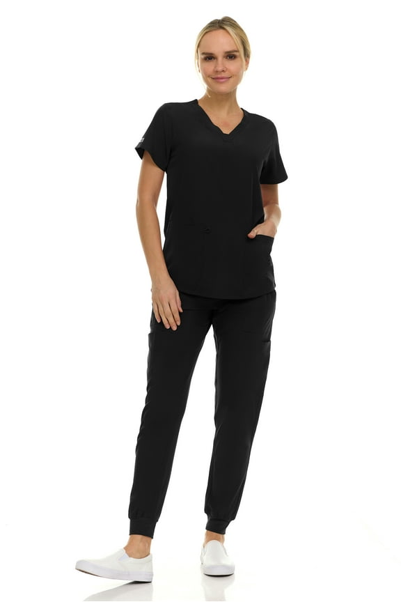 Hey Medical Scrubs Set- 9 Pocket Knit V-Neck Top with Knit Joggers Scrub Pants