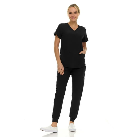 Hey Medical Scrubs Set- 9 Pocket Knit V-Neck Top with Knit Joggers Scrub Pants