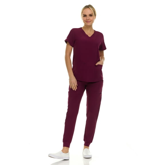 Hey Medical Scrubs Set- 9 Pocket Knit V-Neck Top with Knit Joggers Scrub Pants