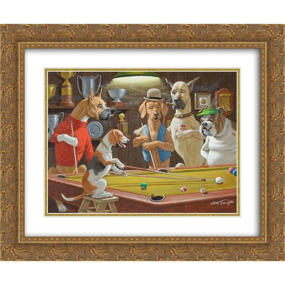 Hey! One Leg on the Floor / Dogs Playing Pool 2x Matted 24x20 Gold Ornate Framed Art Print by Arthur Sarnoff