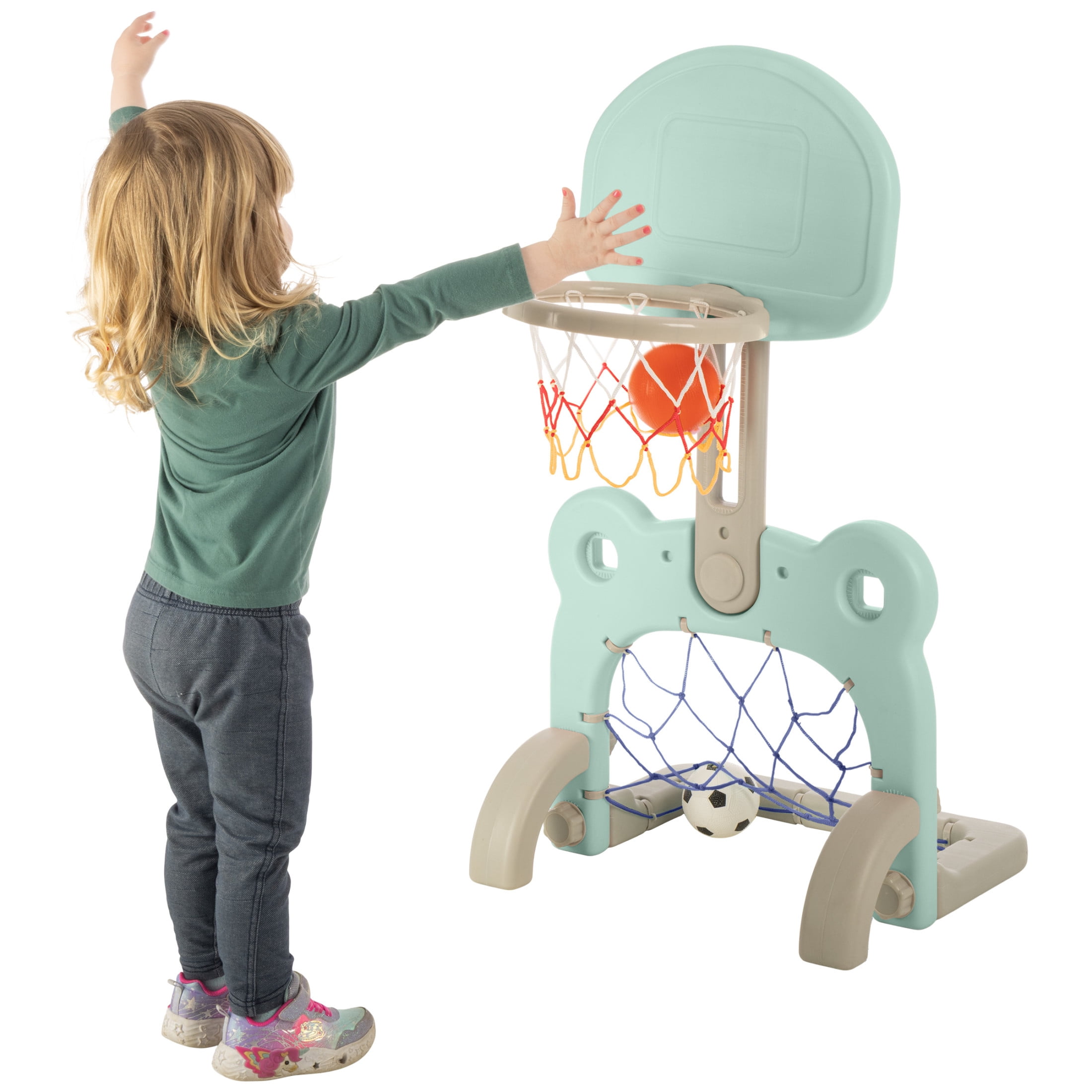 Hey Play 2-in-1 Adjustable Toddler Basketball Hoop and Soccer Goal (Blue)
