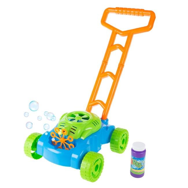 Hey Play 80-1706V038 Bubble Lawn Mower - Toy Push Lawnmower Bubble Blower Machine, Blue, Green \u0026 Orange