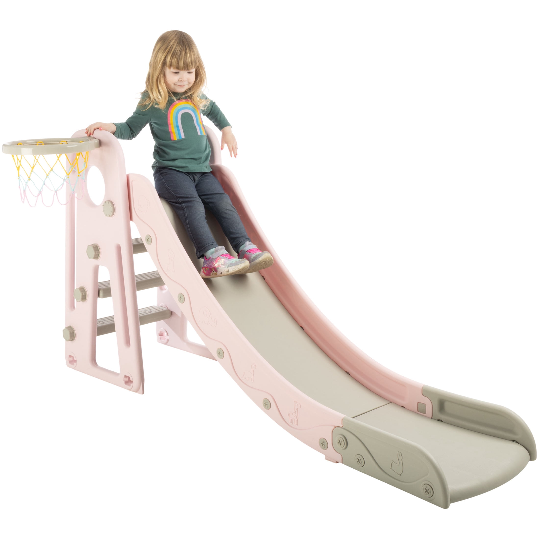 Hey Play Indoor/Outdoor Toddler Slide with Basketball Hoop and Ball (Pink)