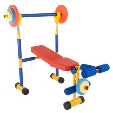Hey Play Kids Weight Bench Set with Leg Press and Barbell for Ages 3 and Up