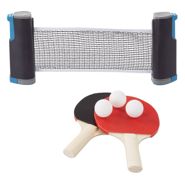 Hey Play Table Tennis Set with Retractable Net, Wooden Paddles, and Balls